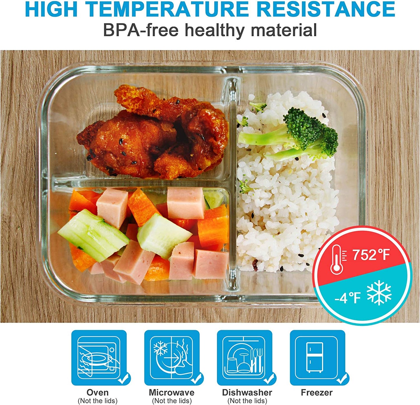 3 Pack 33.8Oz Meal Prep Glass Containers 3 Compartments with Lids Glass Food Storage Containers Glass Bento Boxes Lunch Containers Glass Food Prep Containers with Lids, for Oven