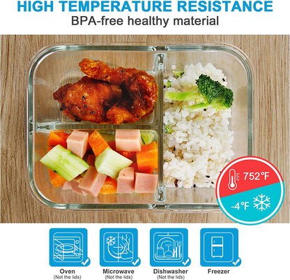 3 Pack 33.8Oz Meal Prep Glass Containers 3 Compartments with Lids Glass Food Storage Containers Glass Bento Boxes Lunch Containers Glass Food Prep Containers with Lids, for Oven