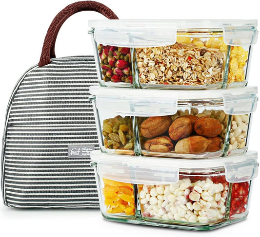3 Pack 33.8Oz Meal Prep Glass Containers 3 Compartments with Lids Glass Food Storage Containers Glass Bento Boxes Lunch Containers Glass Food Prep Containers with Lids, for Oven