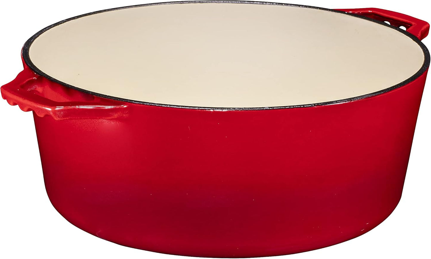 Heavy Duty 2 in 1 Enameled Cast Iron Pan Large 7 Quart Double Dutch Oven Set and Domed Skillet Lid, Open Fire Stovetop Camping Dutch Oven, Non-Stick, Enameled Red