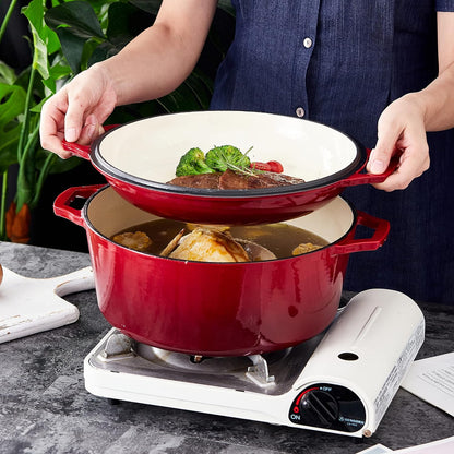 Heavy Duty 2 in 1 Enameled Cast Iron Pan Large 7 Quart Double Dutch Oven Set and Domed Skillet Lid, Open Fire Stovetop Camping Dutch Oven, Non-Stick, Enameled Red
