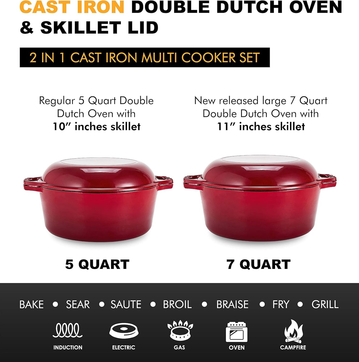 Heavy Duty 2 in 1 Enameled Cast Iron Pan Large 7 Quart Double Dutch Oven Set and Domed Skillet Lid, Open Fire Stovetop Camping Dutch Oven, Non-Stick, Enameled Red