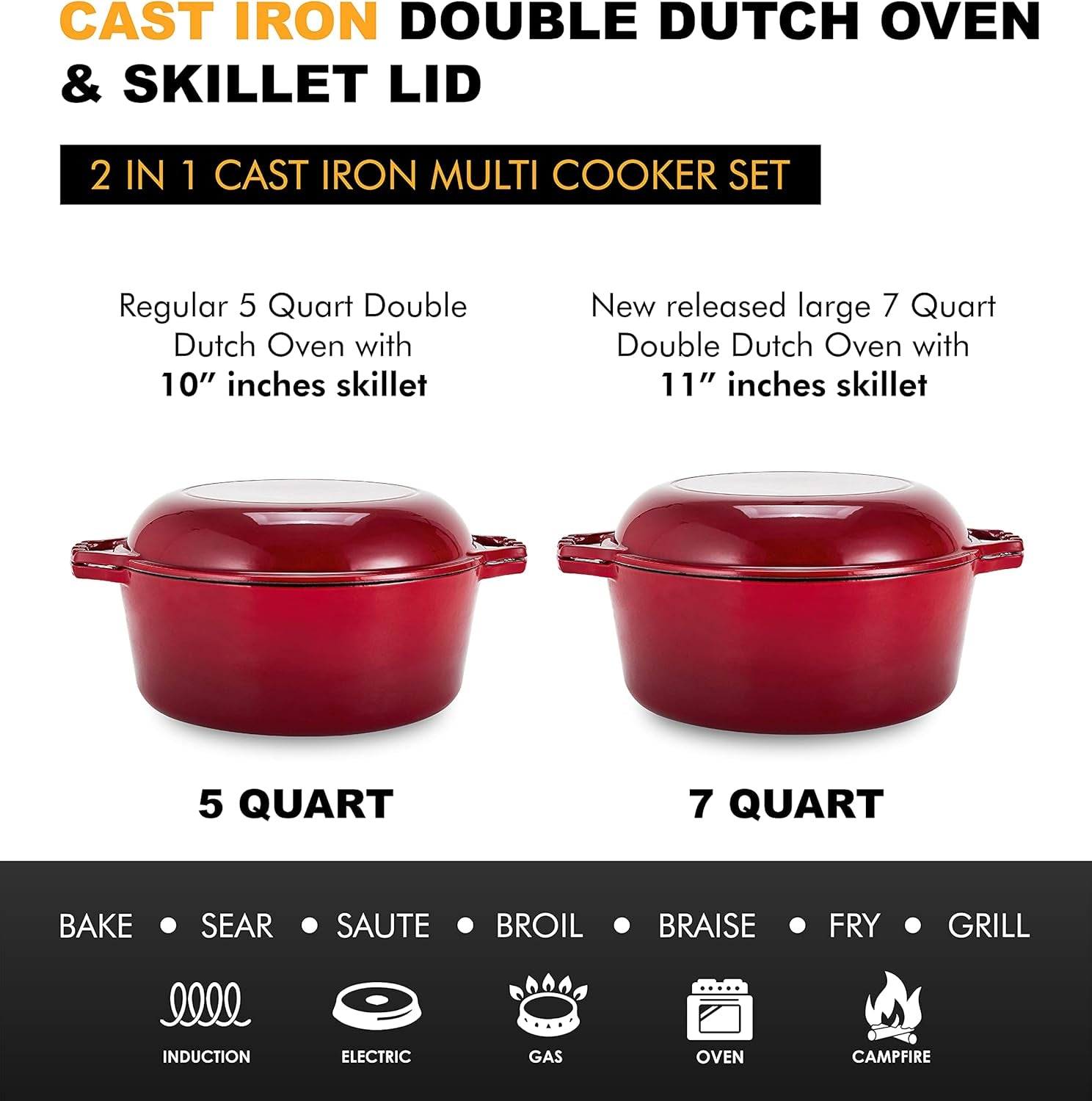 Heavy Duty 2 in 1 Enameled Cast Iron Pan Large 7 Quart Double Dutch Oven Set and Domed Skillet Lid, Open Fire Stovetop Camping Dutch Oven, Non-Stick, Enameled Red