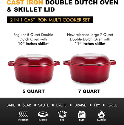 Heavy Duty 2 in 1 Enameled Cast Iron Pan Large 7 Quart Double Dutch Oven Set and Domed Skillet Lid, Open Fire Stovetop Camping Dutch Oven, Non-Stick, Enameled Red