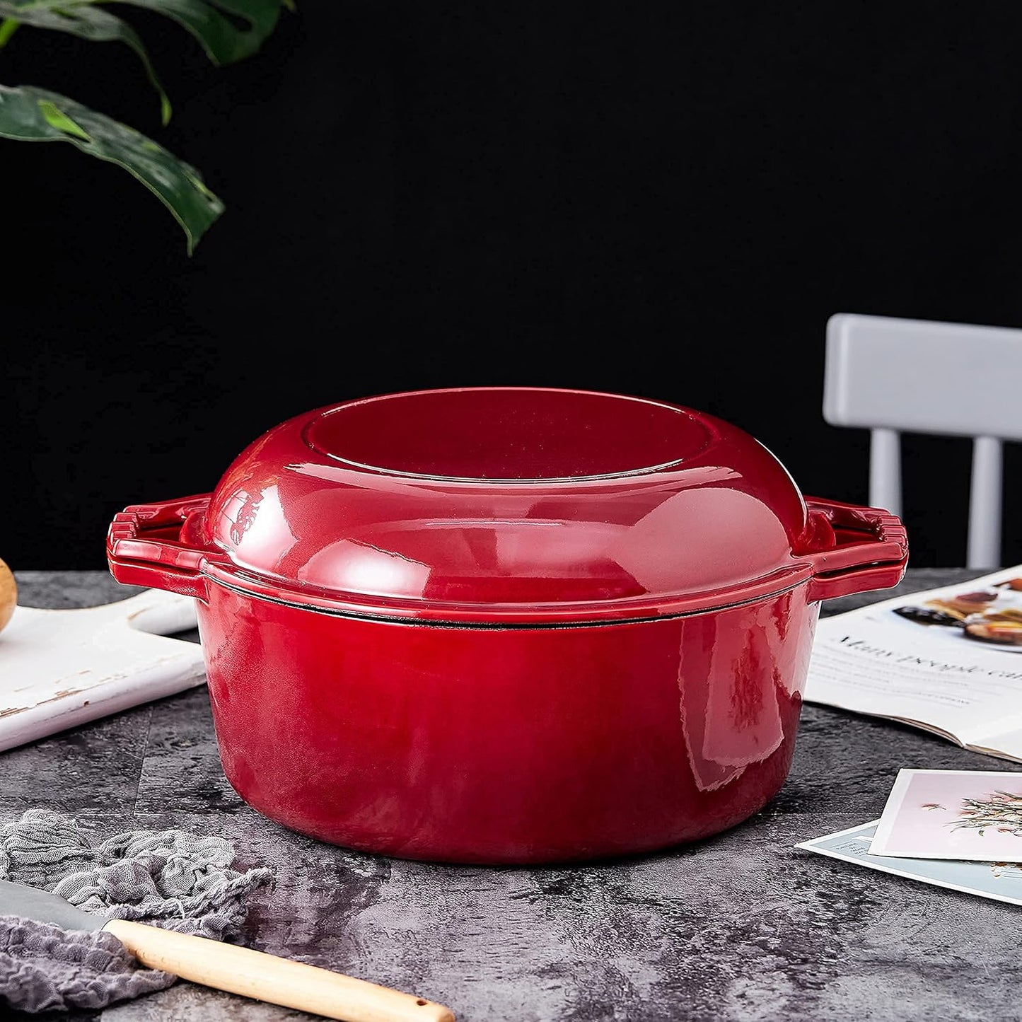 Heavy Duty 2 in 1 Enameled Cast Iron Pan Large 7 Quart Double Dutch Oven Set and Domed Skillet Lid, Open Fire Stovetop Camping Dutch Oven, Non-Stick, Enameled Red