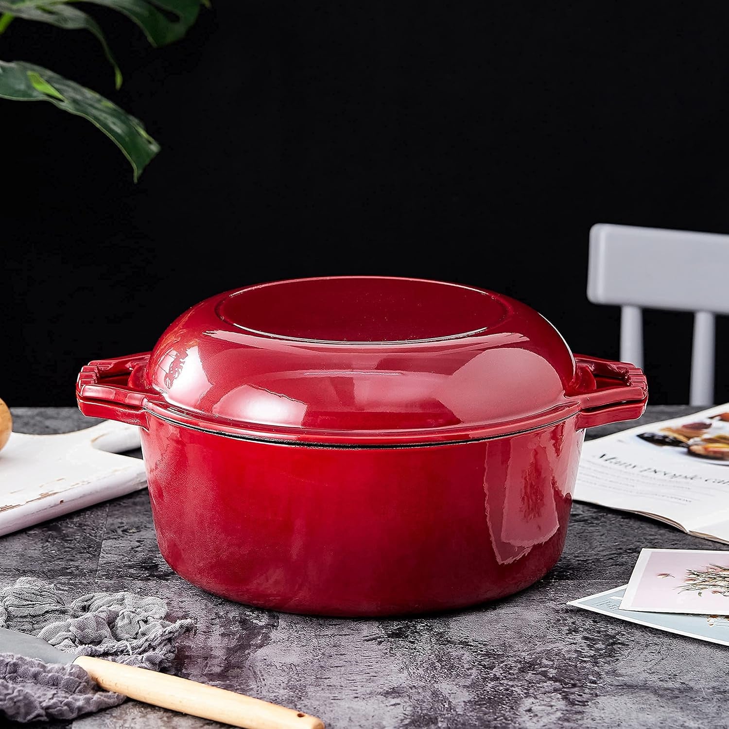 Heavy Duty 2 in 1 Enameled Cast Iron Pan Large 7 Quart Double Dutch Oven Set and Domed Skillet Lid, Open Fire Stovetop Camping Dutch Oven, Non-Stick, Enameled Red