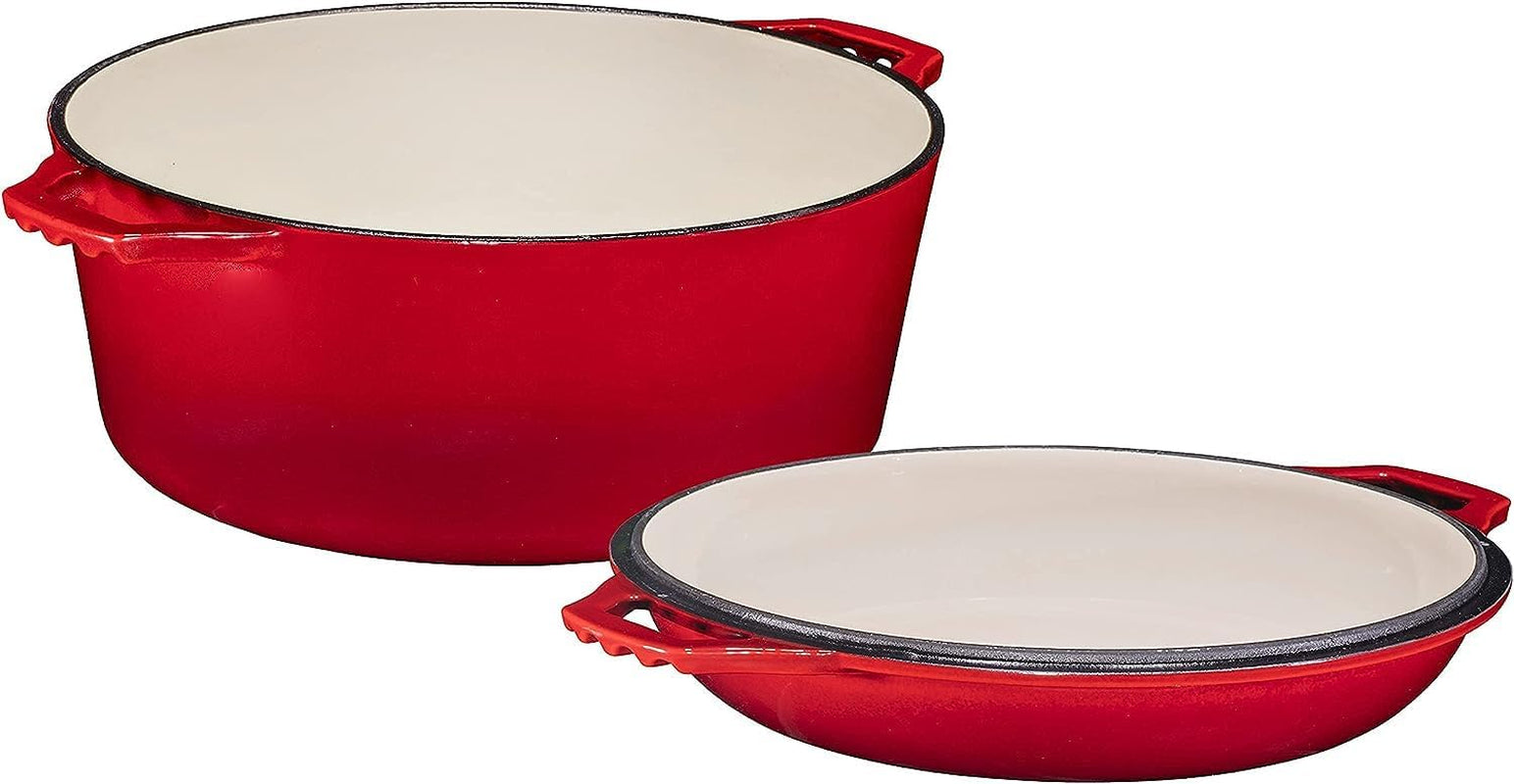 Heavy Duty 2 in 1 Enameled Cast Iron Pan Large 7 Quart Double Dutch Oven Set and Domed Skillet Lid, Open Fire Stovetop Camping Dutch Oven, Non-Stick, Enameled Red