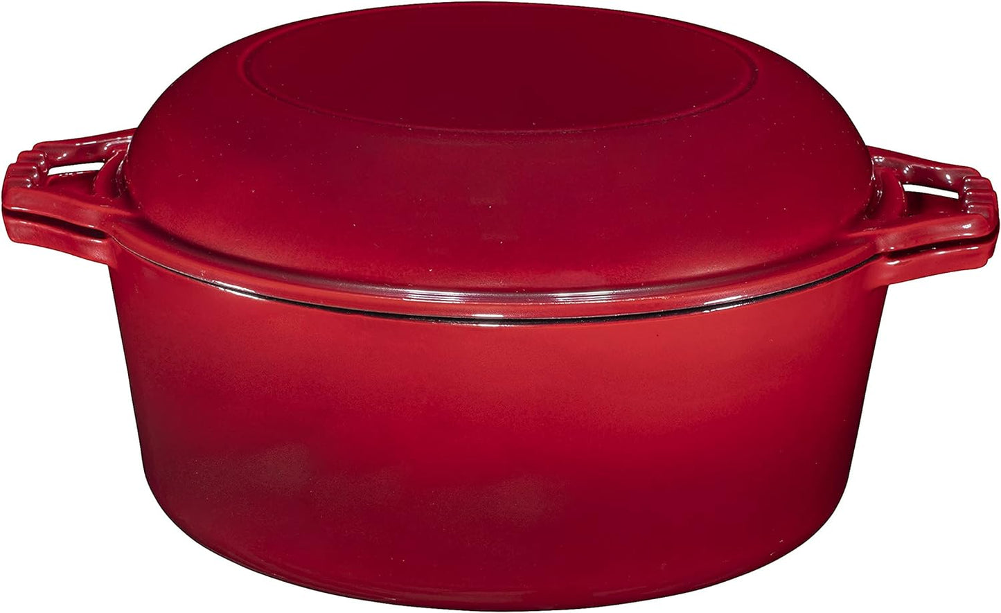 Heavy Duty 2 in 1 Enameled Cast Iron Pan Large 7 Quart Double Dutch Oven Set and Domed Skillet Lid, Open Fire Stovetop Camping Dutch Oven, Non-Stick, Enameled Red