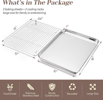 Baking Sheet with Rack Set (2 Pans + 2 Racks), Stainless Steel Baking Pan Cookie Sheet for Baking, Non Toxic & Healthy, Easy Clean & Dishwasher Safe - 4 Pack