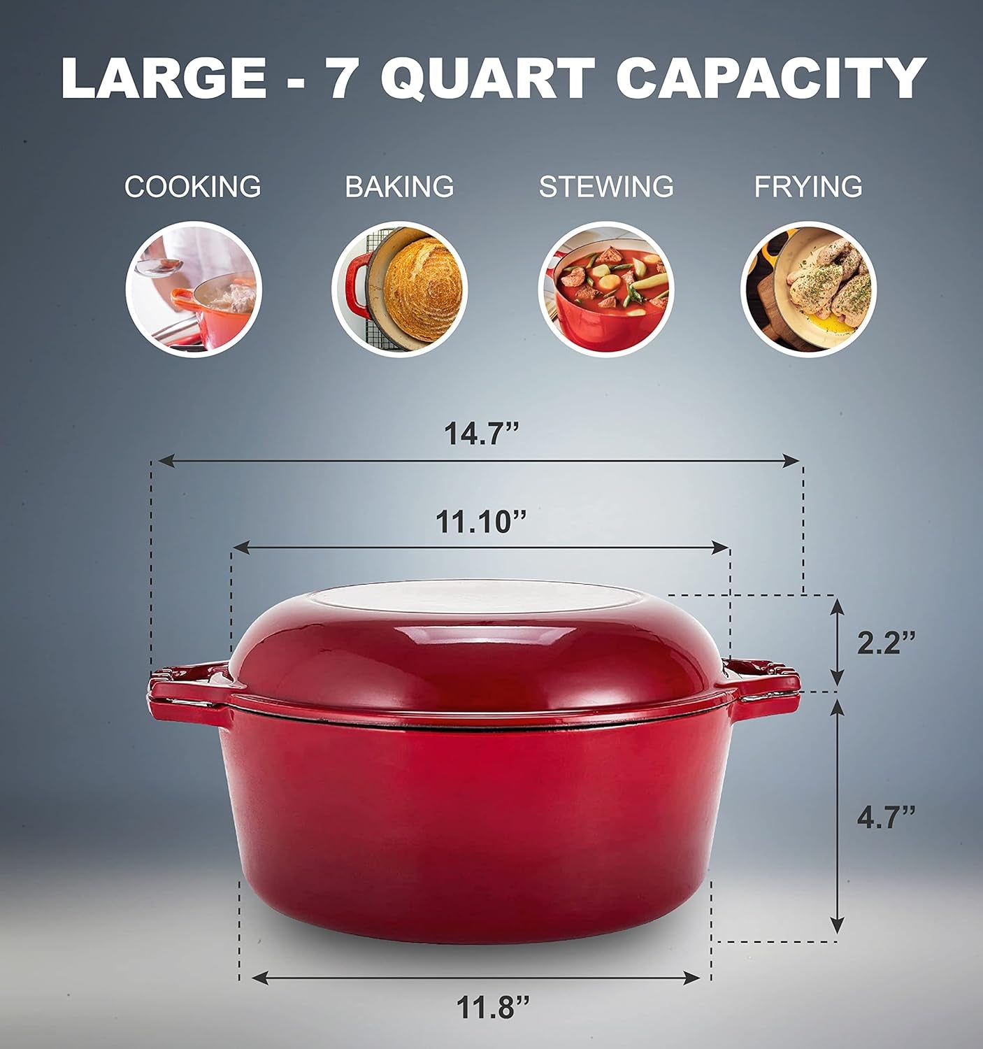Heavy Duty 2 in 1 Enameled Cast Iron Pan Large 7 Quart Double Dutch Oven Set and Domed Skillet Lid, Open Fire Stovetop Camping Dutch Oven, Non-Stick, Enameled Red