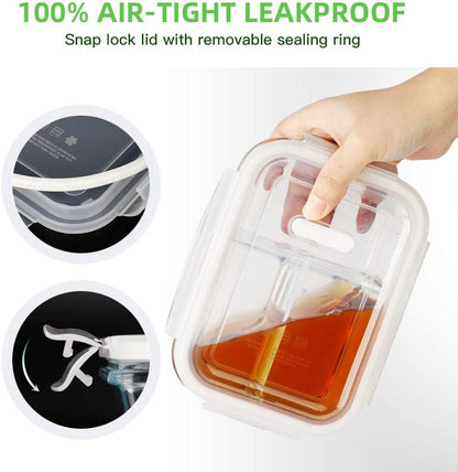 3 Pack 33.8Oz Meal Prep Glass Containers 3 Compartments with Lids Glass Food Storage Containers Glass Bento Boxes Lunch Containers Glass Food Prep Containers with Lids, for Oven