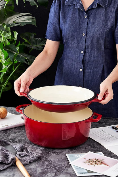 Heavy Duty 2 in 1 Enameled Cast Iron Pan Large 7 Quart Double Dutch Oven Set and Domed Skillet Lid, Open Fire Stovetop Camping Dutch Oven, Non-Stick, Enameled Red